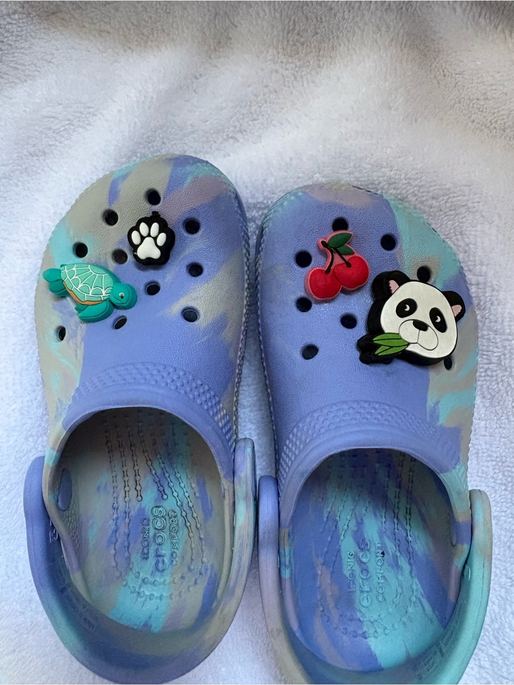 CROCS Kids Tie-Dye Purple & Aqua Clogs with Charms